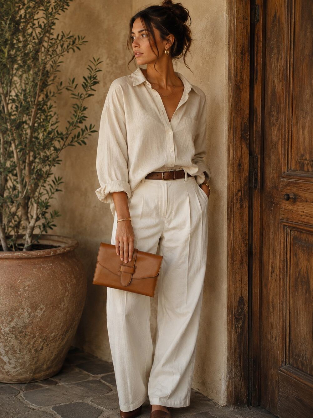 Camel Brown Leather Envelope Clutch Hand Strap Minimalist Quiet Luxury Bag